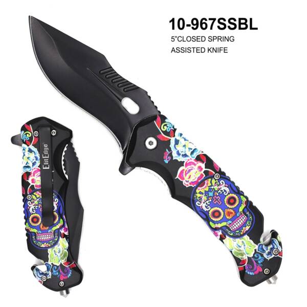 10-967SSBL SPRING ASSISTED SUGAR SKULLS KNIFE