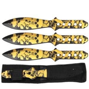 TK66385-SKGL 8.5" GOLD SKULL PRINT THROWING KNIFE SET WITH SHEATH