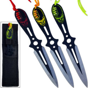 TK9121-80A-3 Triple Skulls Knife Set Double Edged 8in Throwing Knives