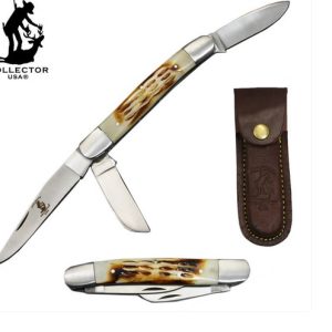 BC 869-BN - 5"  Bone Collector 3 Blade Folding Knife with Leather Sheath