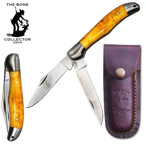 BC 816-YBN - 5" Yellow Bone Collector 2 Blade Folding Knife with Leather Knife