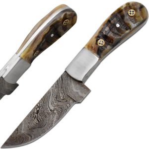 DM-55 - Wild Turkey Damascus collection 9.5" hunting knife with ram horn handle