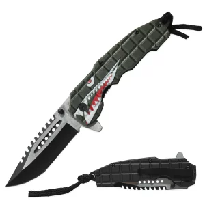 KS 1979-SH2 - 5" Shark Teeth Green Assist-Open Tactical Folding Knife with Paracord