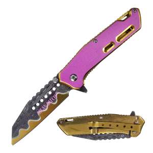 P-713-H - Mean Bitch Etched Damascus Spring Assisted Gold Plated Hilt