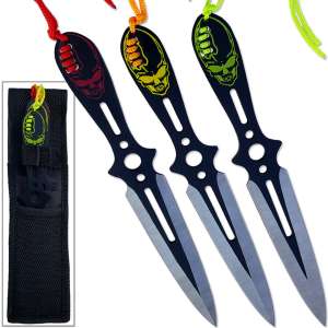 TK9121-80A-3 Triple Skulls Knife Set Double Edged 8in Throwing Knives