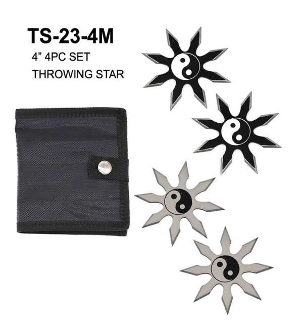 TS-23-4M - 4″ 4pc Set Black/Silver Ying Yang Throwing Star