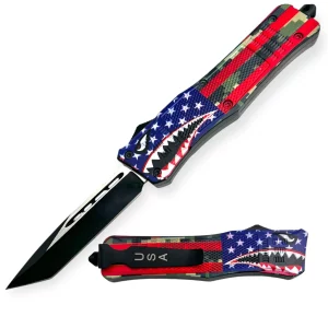 WP-12 - 9.5" Heavy Duty Shark Mouth American Flag Camo OTF Automatic Knife Tanto