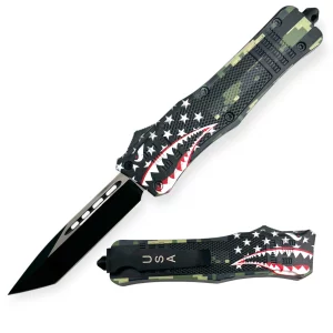 WP-13 - 9.5" Heavy Duty Shark Mouth American Flag Camo OTF Automatic Knife Tanto