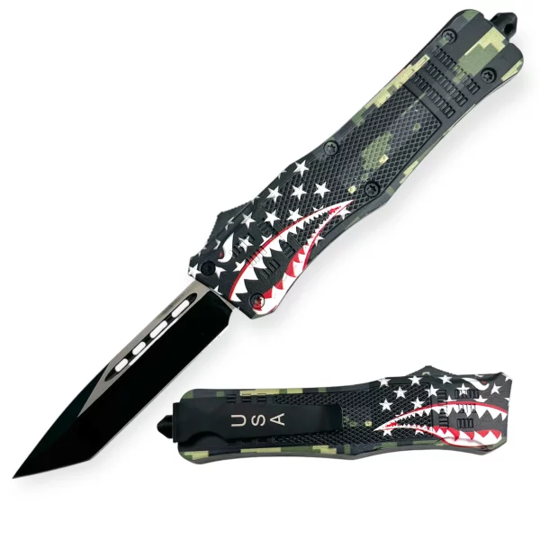 WP-13 - 9.5" Heavy Duty Shark Mouth American Flag Camo OTF Automatic Knife Tanto