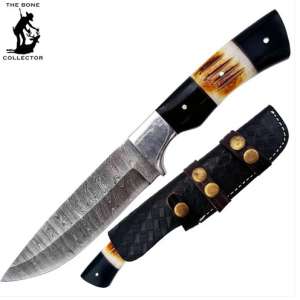 BC 827-DB 10" Bone Collector Damascus Blade Hunting Knife with Leather Sheath